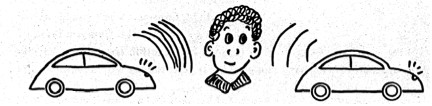Drawing of persons head between 2 cars