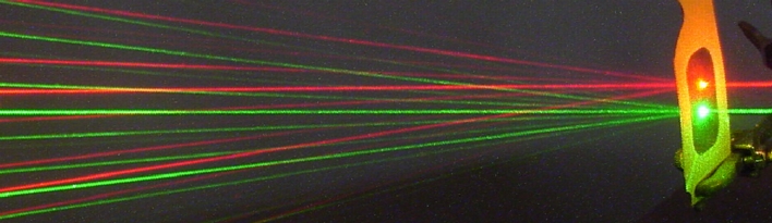 A red and green laser through a diffraction grating