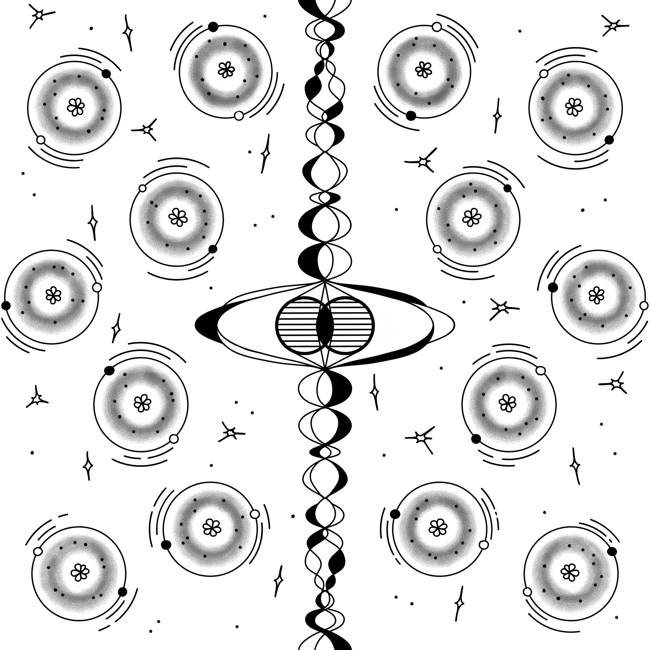 A black & white illustration representing entanglement.