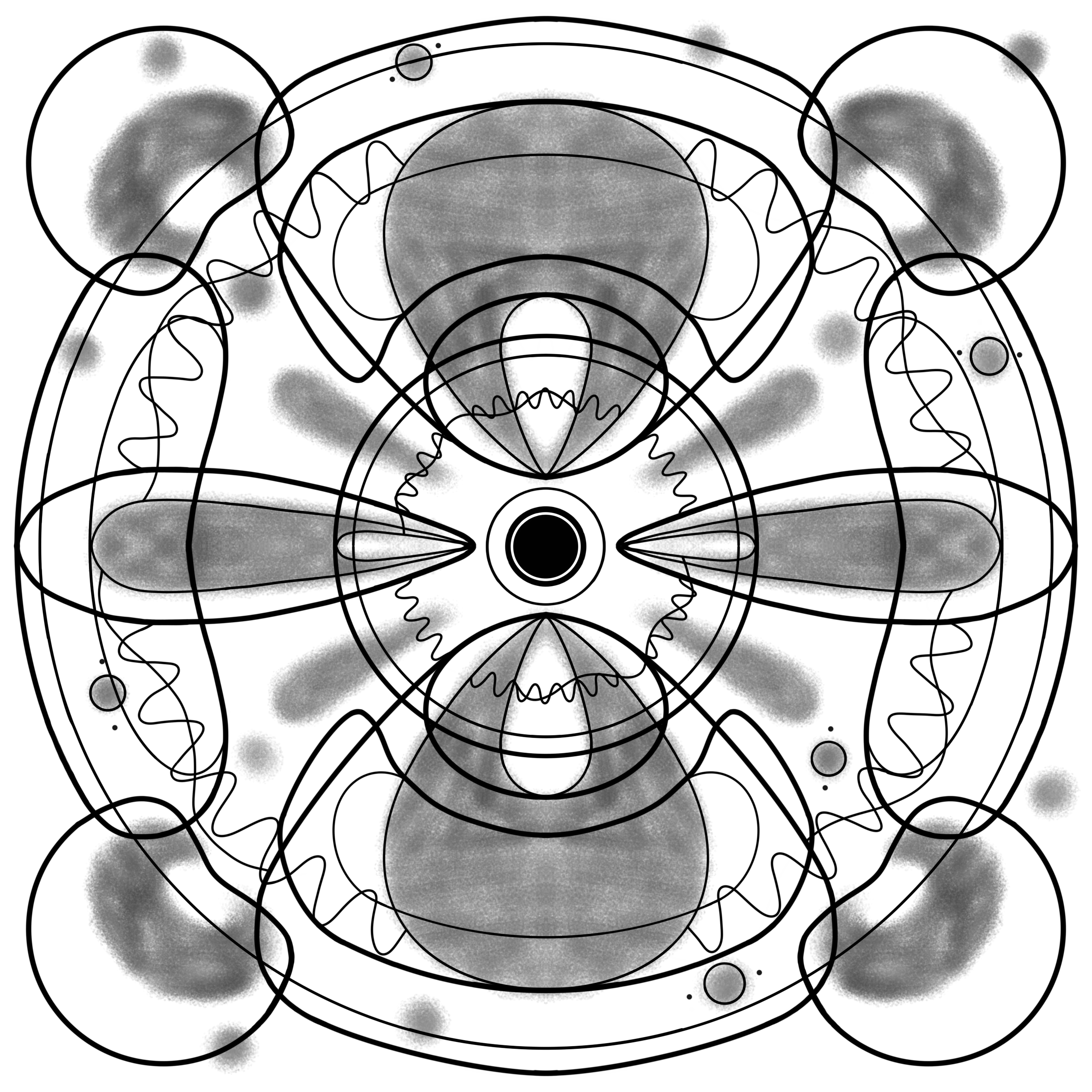 A black & white illustration representing superposition.